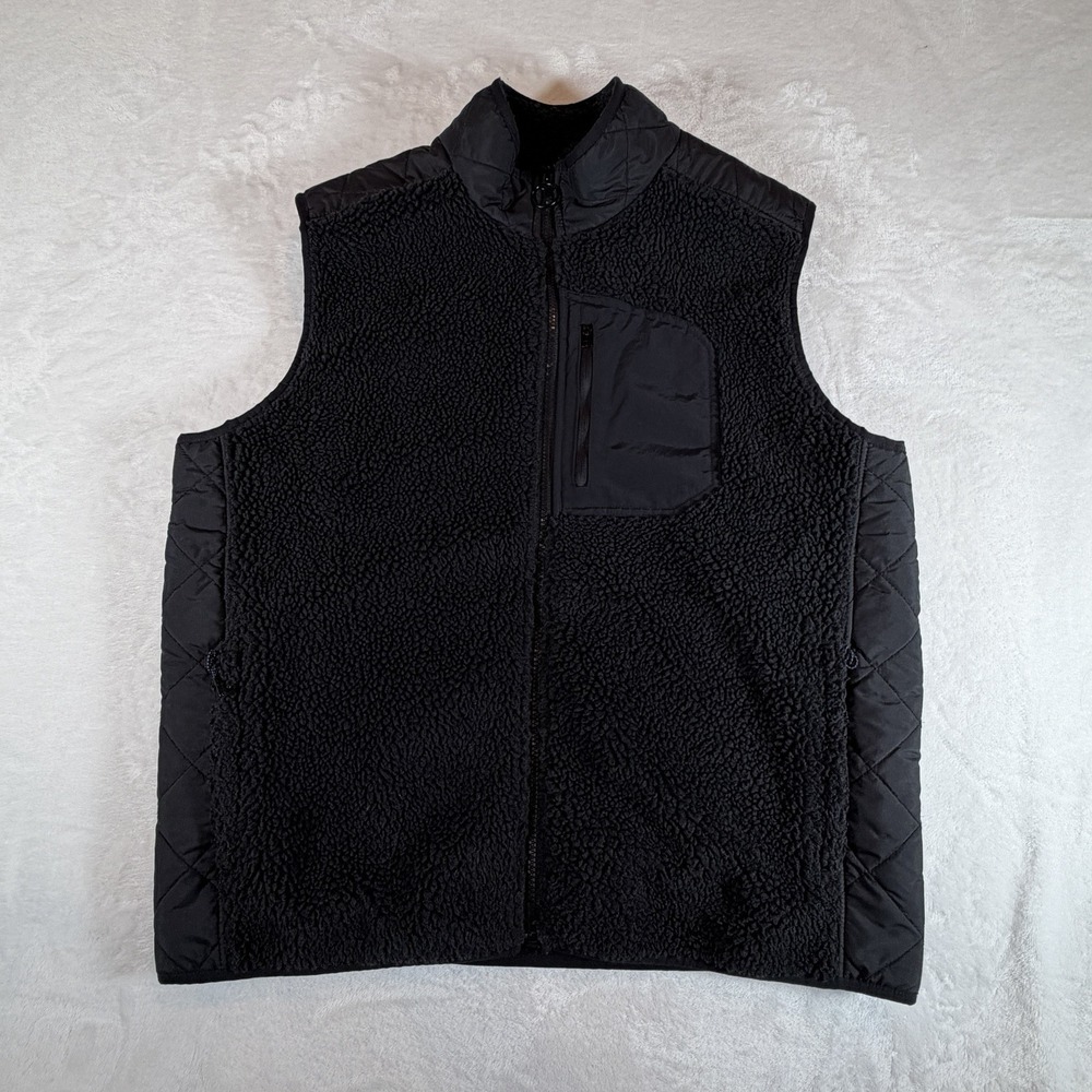 Lands End Vest Men's Large Black Sherpa Fleece Zip Pockets Outdoor